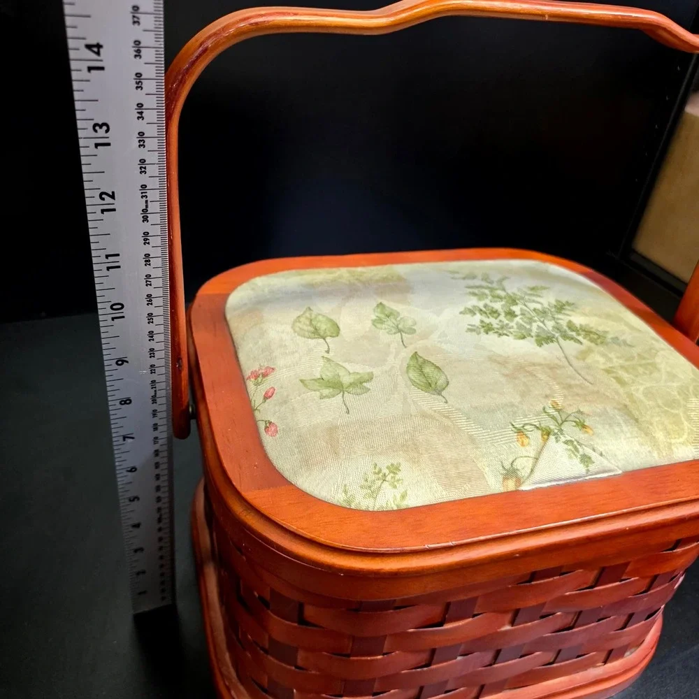 Handwoven Basket Swing Handle Lid Liner Wood Tray Brown Leaf Pattern Cottagecore